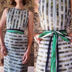 Vintage Sleeveless Striped Linen Sheath Dress with Green and White Embroidery